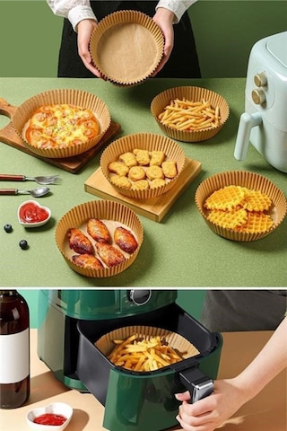 50 Adet Air Fryer Pişirme Kağıdı Tek Kullanımlık Hava Fritöz Yağ Geçirmez Yapışmaz Tabak Model Kahverengi