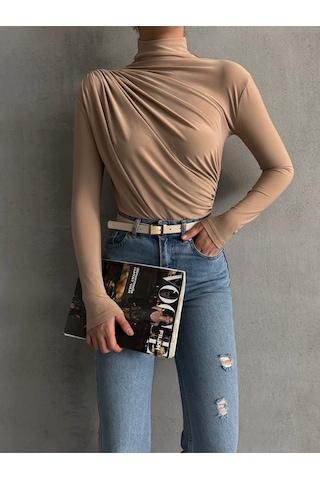 Kadın Büzgü Detaylı Dik Yaka Sandy Bluz Vizon