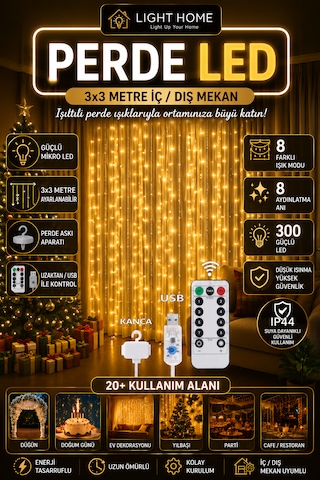 Light Home 3x3 Metre 300 Led Usb Perde Led Kumandalı 8 Modlu Dekoratif Peri Işığı Gün Işığı Gün ışığı