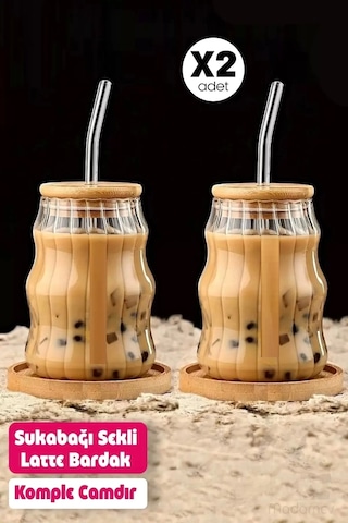 Bardak Kahve Kokteyl Sunum Bardağı 400ml 2li Sukabağı Latte Bardak Bambu Kapaklı İskandinav Cam Bambu