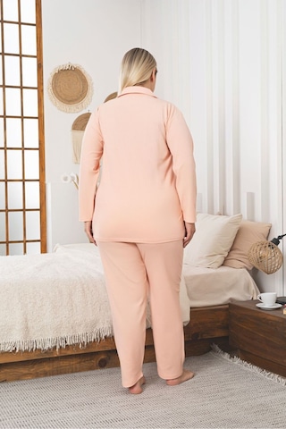 Büyük Beden Boydan Düğmeli Kaşkorse Kumaş Pijama Takımı Somon