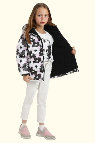 Kız Çocuk Pusula Desen Polar Su Ve Rüzgar Geçirmez Kapüşonlu Şişme Kışlık Mont Beyaz