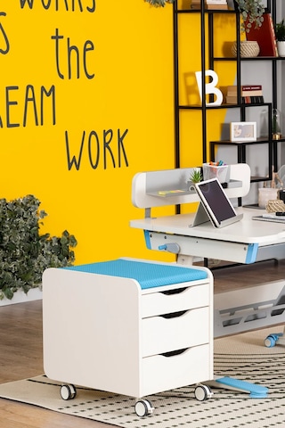 Creo Mobili Çekmeceli Tekerlekli Sirius Keson, Oturulabilir Ofis Ve Ev Komodini, Ekru/mavi