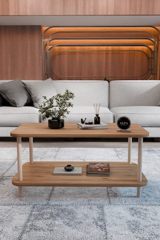 Kare Orta Sehpa 90 Cm 2 Raflı Salon Sehpası Ahşap Ayaklı Dekoratif Sehpa Atlantik Çam