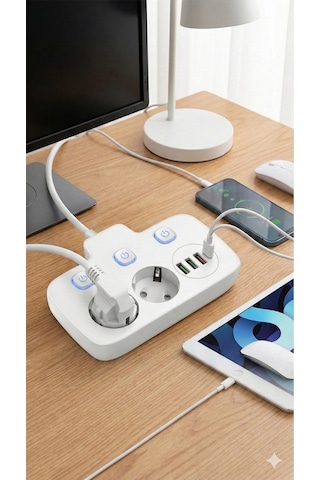 Akım Korumalı 2500w Güçlü 3 Usb + Type-c Portlu Çoklu Priz Hızlı Şarj, Çocuk Kilidi, 2 Metre Standart
