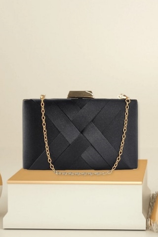 Famels Kadın Şeritli Özel Model Abiye Clutch Portföy El Gece Düğün Nişan Abiye Çantası Siyah