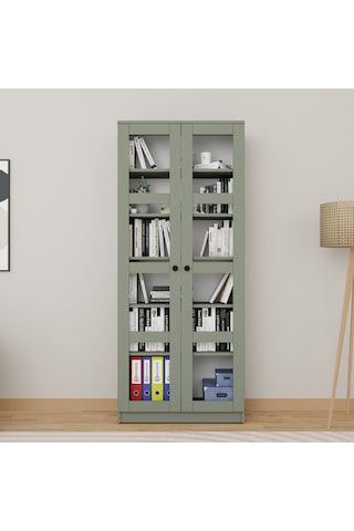 Lucas Cam Kapaklı Vitrin - Büfe - Kitaplık Ve Çok Amaçlı Dolap Ayarlanabilir Raf - Yeşil Yeşil
