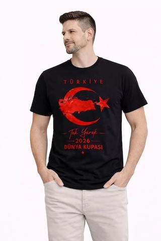 Erkek Türkiye Ay Yıldız Baskılı Taraftar Forma T-shirt - Siyah