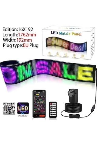 Rgb Led Matrix Panel 19x176cm Esnek Yapı Uygulama Kontrollü Kayan Yazı Ekranı Siyah