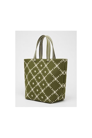 Qoolest Kadın Geometrik Desenli Büyük Boy Shopper Omuz Çantası Çizgili Saplı Tote Çanta Yeşil