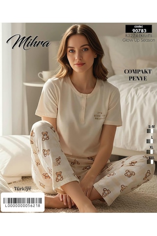Mihra Kadın Compakt Penye Düğmeli Yaka Kısa Kol İnce Pijama Takımı 90783e - 1 Adet Ekru