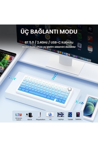 Aula F75 Mekanik Rgb Tkl Seiya Switch Kablosuz Makrolu Hot Swap Klavye Gradyan Mavi
