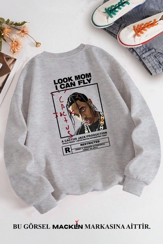 Macklin Unisex Kadın Erkek Travis Scott Cactus Jack Özel Tasarım Baskılı Bisiklet Yaka Sweatshirt Gri Mck1312 Gri