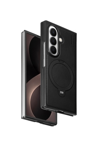 Samsung Galaxy Uyumlu Z Fold 8 Ultra Kılıf Ring M-safe Şarj Özellikli High Pu Deri Hdd Hbc-386 Skafta Case Siyah