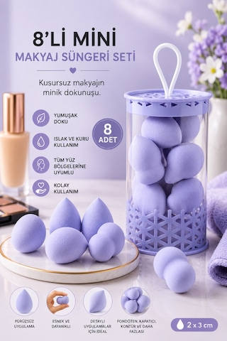 Mini Boy 8'li Mor Makyaj Süngeri Seti- 2 Cm X 3 Cm Makyaj Uygulama Süngeri
