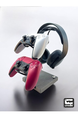 Gri Granit Ahşap Ve Siyah Metal Gaming Ps4 Ps5 Xbox Joystick Controller Tutucu Ve Kulaklık Dikey Standı