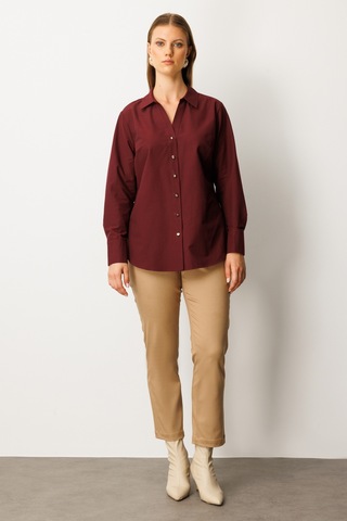 Ekol Kadın Büyük Beden Önü Düğmeli Polo Yaka Gömlek 3549 Bordo Bordo
