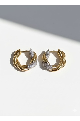 14k Altın Kaplama Taşlı Örgü Halka Küpe Işıltılı Şıklık Altın