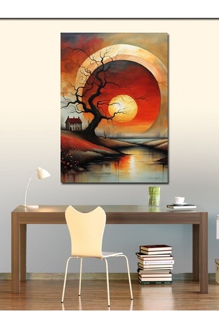 Kanvas Tablo Güneş Agaç Ve Ev Manzara 50cmx70cm
