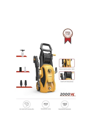 Torima Hpc-01 Sarı Yüksek Basınçlı Oto, Halı, Bahçe Temizleme Ve Yıkama Makinesi 2000w, 150 Bar Sarı