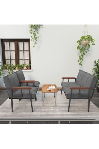 Modern Serisi Balkon, Bahçe, Cafe - Metal Kanepe Koltuk Takımı - 2+1+1 - Koyu Gri Koyu Gri