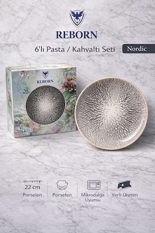 Reborn Kutulu 6'li Porselen Pasta/kahvaltı Tabağı Seti 22 Cm Hediyelik & Çeyiz & Yeni Ev Nordıc Çok Renkli