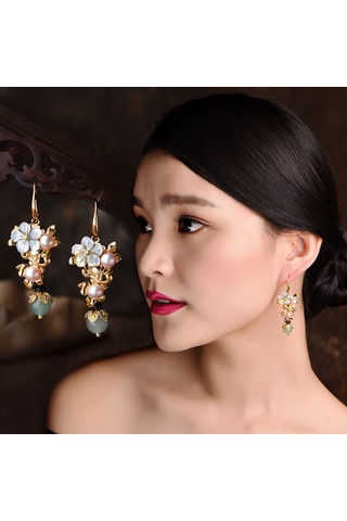 Wezone Zencefil Yeşili İpek Ve Siyah Mantar Boncuklu Klasik Çin Stili Uzun Küpe, Kadınlar İçin Modern Ve Dayanıklı Güzellik Aksesuarı Gold