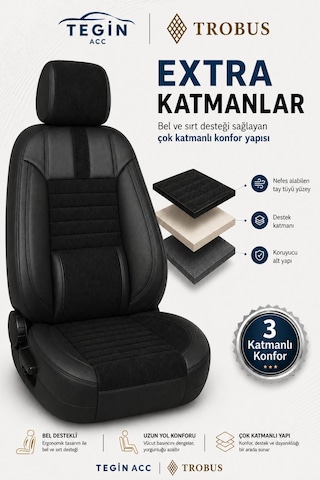 Tofaş Kuş 1993+ Uyumlu Atlas Serisi Tay Tüyü Bel Destekli Siyah Premium Koltuk Kılıfı