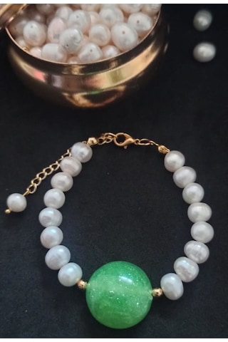 24k Altın Kaplama Gerçek İnci Zümrüt Yeşil Akrilk Detaylı Pırıltı Gold