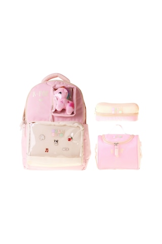 Calacilo K-pop Pink Pembe Peluş Aksesuarlı Pembe Kız Çocuk Üçlü İlkokul Okul Çantası Seti - Setcc-c4107a