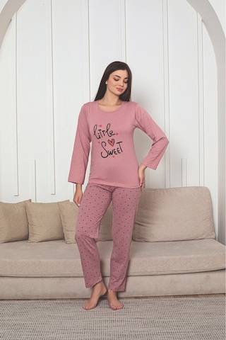 Kadın Baskı Detaylı Uzun Kollu Kalp Desenli Pijama Takım Pembe