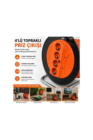 Makaralı Uzatma Kablosu 3x2.5mm- 20m/30m/40m/50m Güçlü Ve Dayanıklı 40 Metre