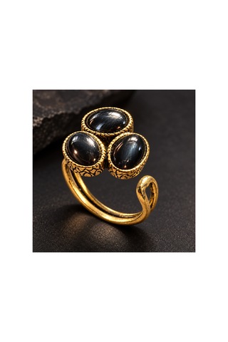 Esoo Jewelry Doğal Taş Detaylı 3 Taşlı Vintage Gold Ayarlanabilir Kadın Yüzük - Siyah Esoo Jewelry Doğal Taş Detaylı 3 Taşlı Vintage Gold Ayarlanabilir Kadın Yüzük - Siyah