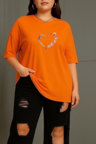 Büyük Beden Renkli Kalp Baskılı Unisex Tişört Turuncu