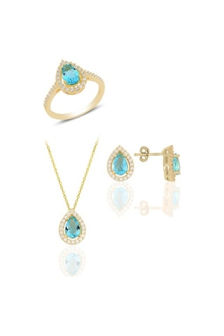 Gümüş Altın Yaldızlı Akuamarin Taşlı Damla Modeli Üçlü Set