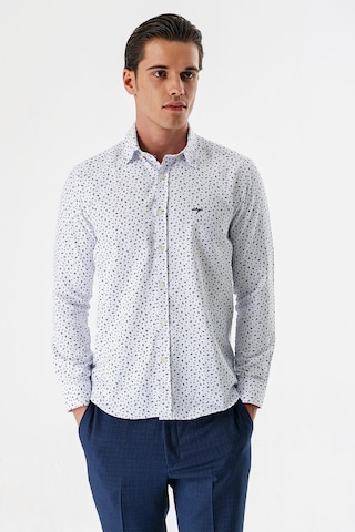 İmza Beyaz Uzun Kollu Baskılı Bez Ayağı Düğmeli Yaka Cepsiz Pamuklu Slim Fit Gömlek 1004235170 Duman Beyaz