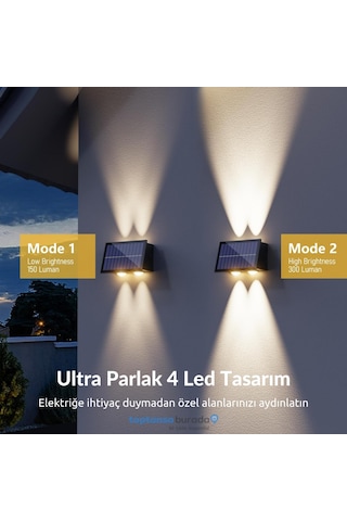 Technosmart 2adet Güneş Enerjili Çift Taraflı 4 Ledli Aplik Sarı Işık Duvar Lambası Bahçe Aydınlatma