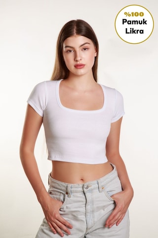 Mea Capio Kadın Fitilli Crop Kare Yaka Fitilli Kısa Kollu T-shirt Atlet Beyaz