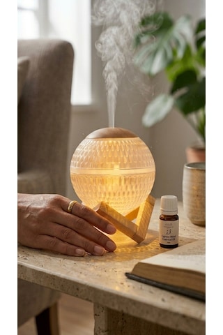 Ahşap Standlı Led Işıklı Aroma Difüzörü Ultrasonik Nemlendirici & Gece Lambası