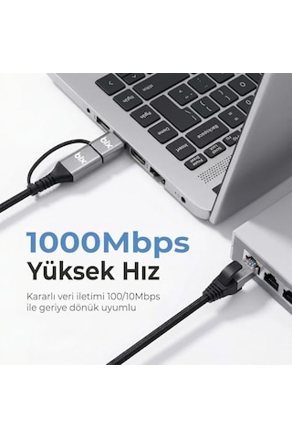 C6ac15 2in1 Usb-a & Type-c To Rj45 1000mbps Gigabit Ethernet Dönüştürücü Cat6 Kablo 1.5 Metre Thunderbolt 3/4/5, Mac/windows/ipad/android Uyumlu