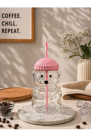 Cam Ayıcık Pipetli Soğuk İçecek Kahve Bardağı Bear Bardak 550 Ml Pembe