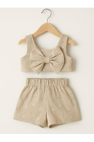 Kız Çocuk Crop Müslin Şortlu Takım-15972 Bej