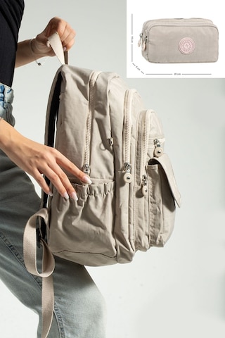 2'li Set Krem Mega Krinkıl Kumaş Lise Ve Ortaokul Sırt Çantası + Kalemlik,maymun Anahtarlık Hediyeli Krem