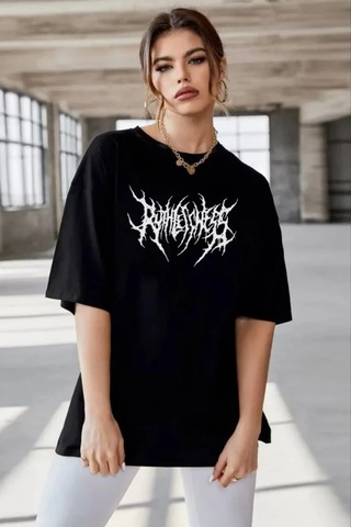 Modi Unisex Bisiklet Yaka Baskılı Oversize T-shirt - Siyah - Mymg104408