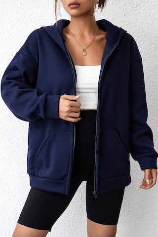 Modagen Unisex Lacivert Düz Renk Kapüşonlu Oversize Hırka Lacivert