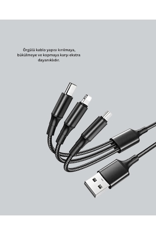 Çoklu Usb Şarj Kablosu - 1,2m Hızlı Şarj, 3a Güçlü Akım