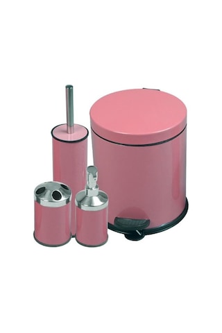 4lü Banyo Seti Pembe- Çöp Kovası+Fırça+Sabunluk+Diş Fırçalık Pembe