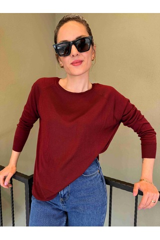 Bordo Bisiklet Yaka Basic İnce Triko