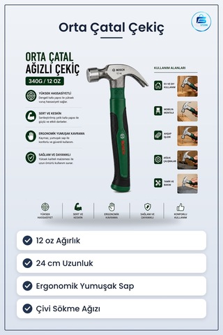 Orta Çatal Çekiç Oz 24 Cm Ergonomik Yumuşak Sap Ağızlı Çelik Kafa