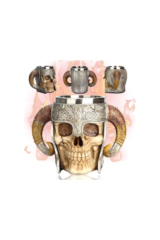 Ortaçağ Viking Savaşçı Kafatası Tasarımlı Kupa Bardak Koleksiyonluk Ve Tematik Hediye Çok Renkli